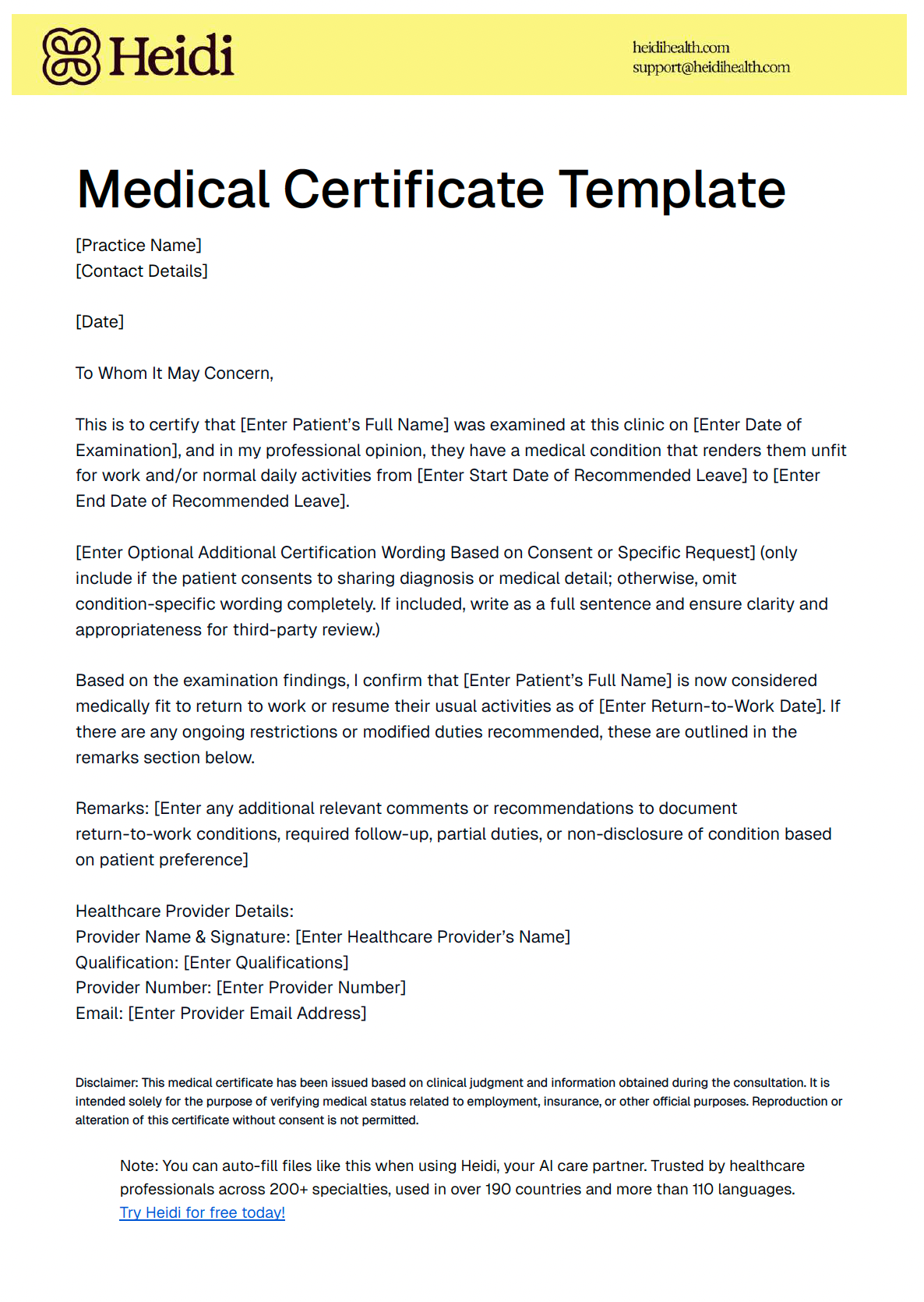 Heidi Medical Certificate Template with placeholders for patient, medical, and provider details.
