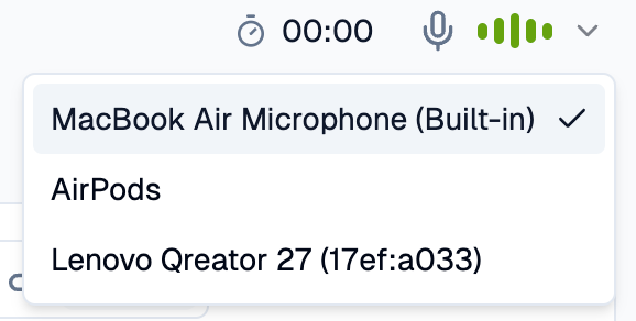 Microphone selection menu with 'MacBook Air Microphone (Built-in)' selected, and 'AirPods' and 'Lenovo Qreator 27' as other options.