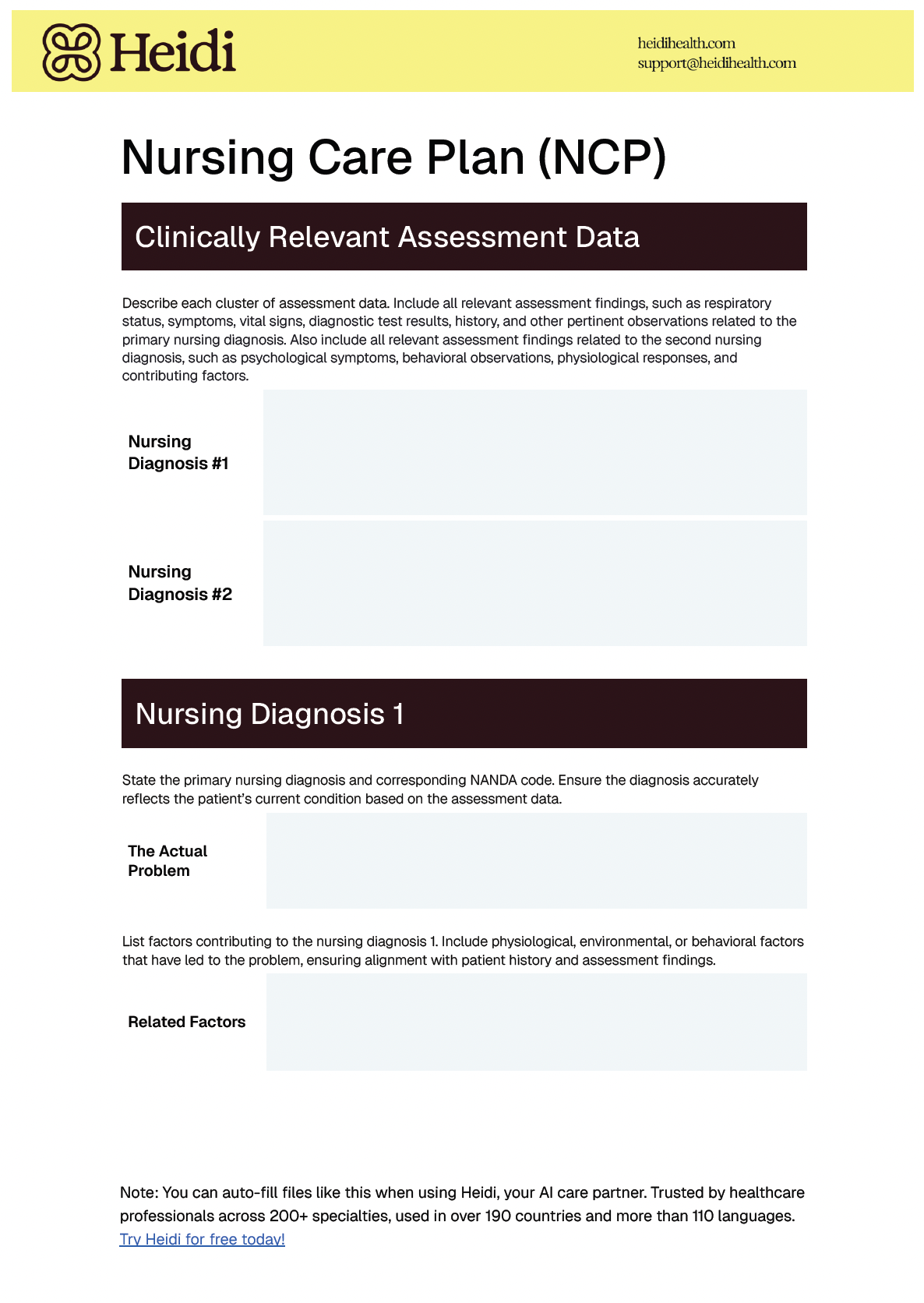 A nursing care plan template from Heidi, featuring sections for assessment data, nursing diagnoses, and contributing factors.
