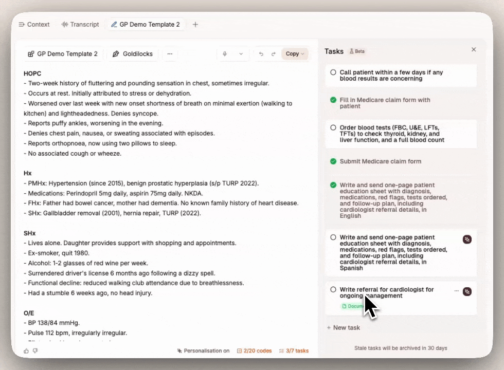 A medical software interface displays patient health records on the left and a task list for medical actions on the right, with a mouse cursor over "Write referral for cardiologist."