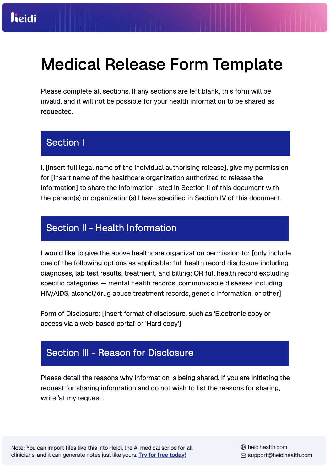 Medical Release Form Example by Heidi Health