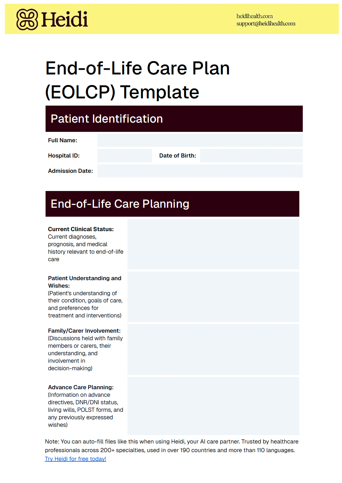 An End-of-Life Care Plan (EOLCP) Template from Heidi Health, showing fields for patient identification and care planning details.