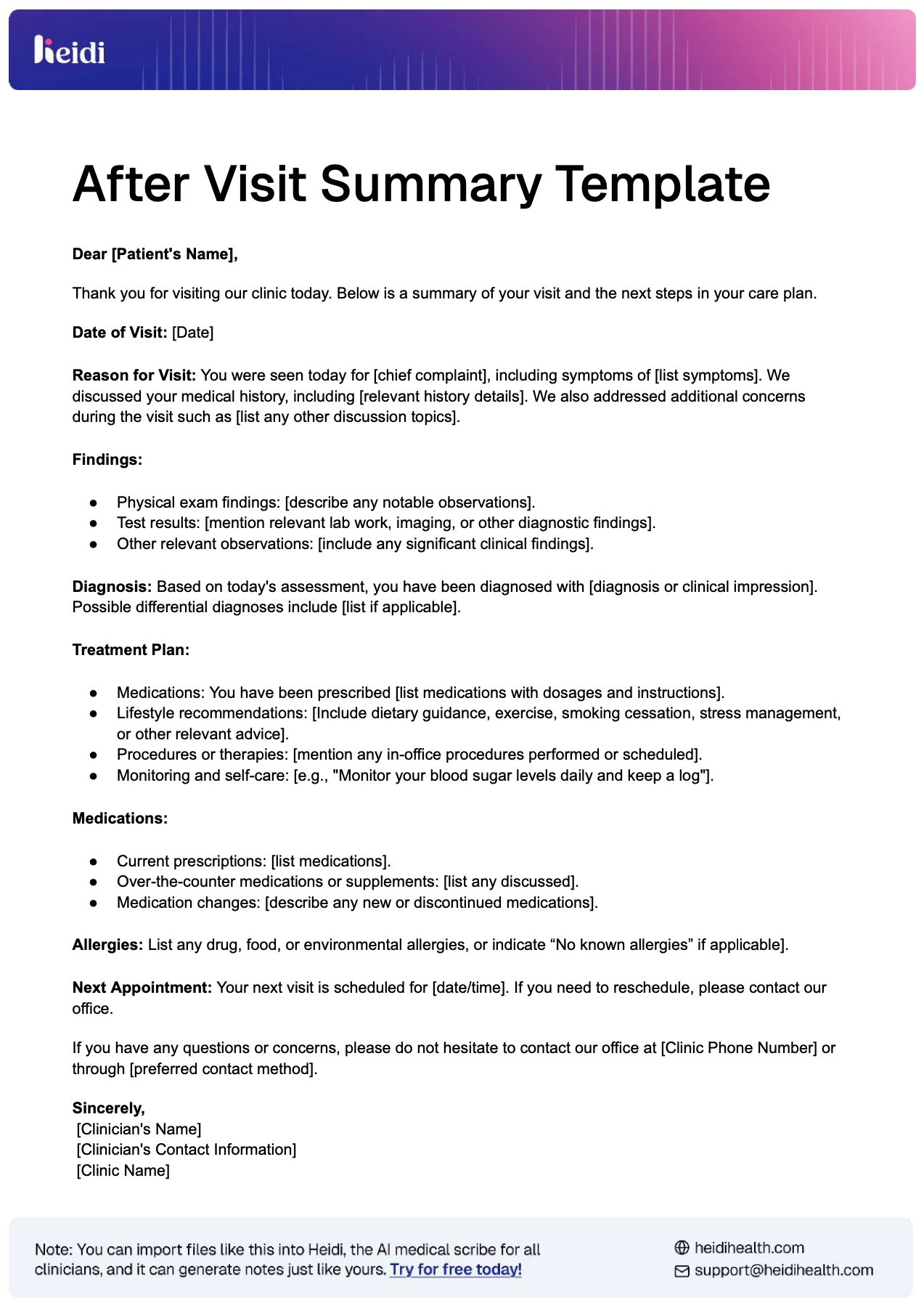 After Visit Summary Template by Heidi Health
