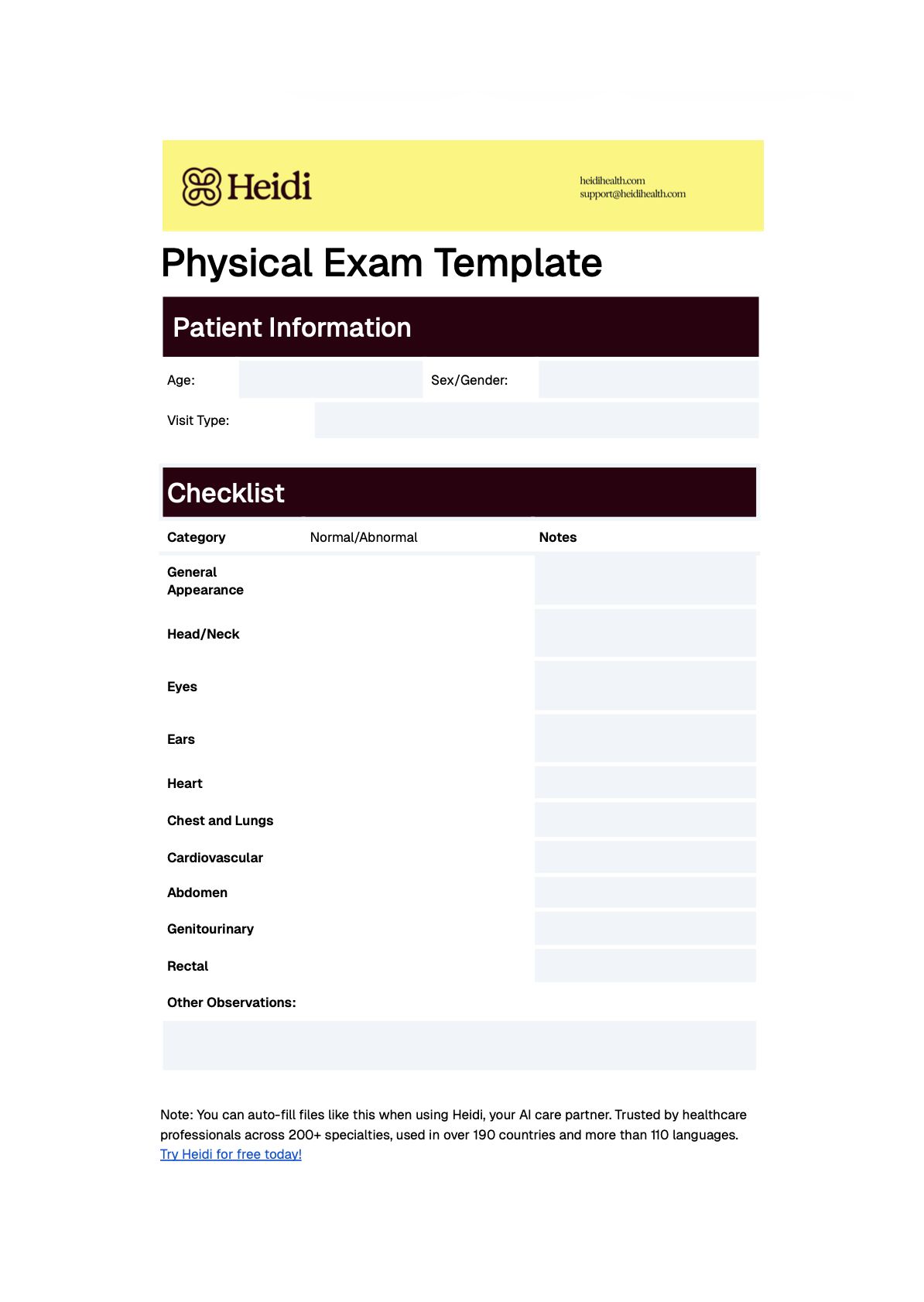 A Physical Exam Template sample