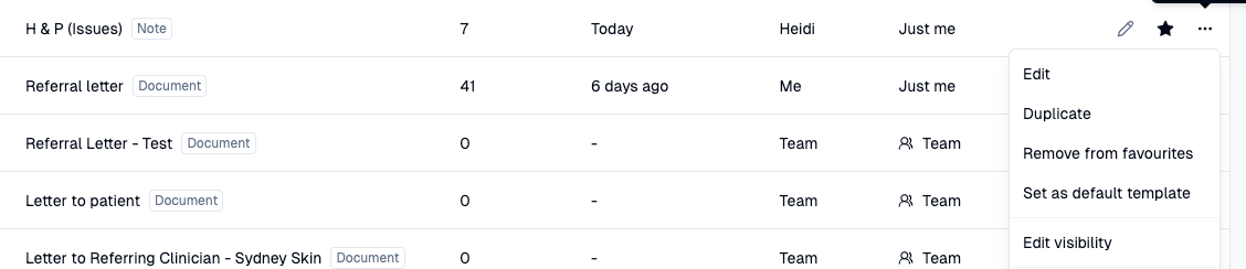 A user interface displays a list of items, including "Referral letter" and "Letter to patient," with an open dropdown menu showing options like "Edit," "Duplicate," and "Set as default template."