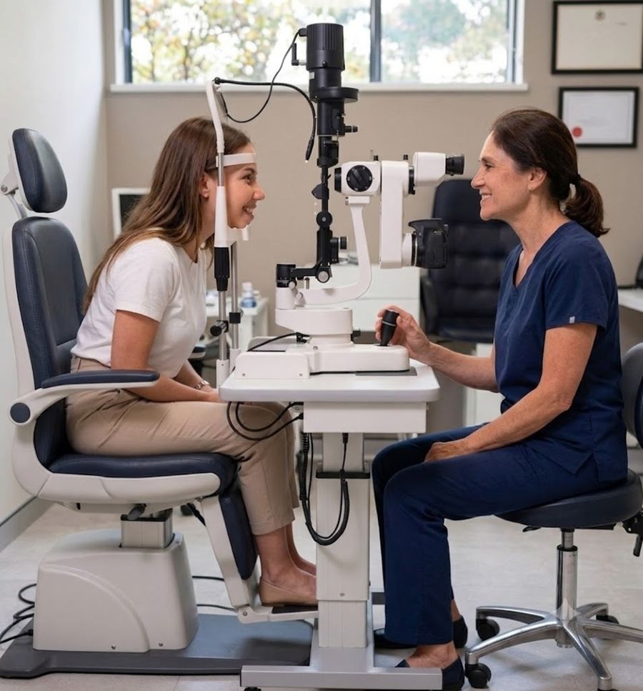 Optometrist holding luxury gold-rimmed glasses in a minimalist clinical setting
