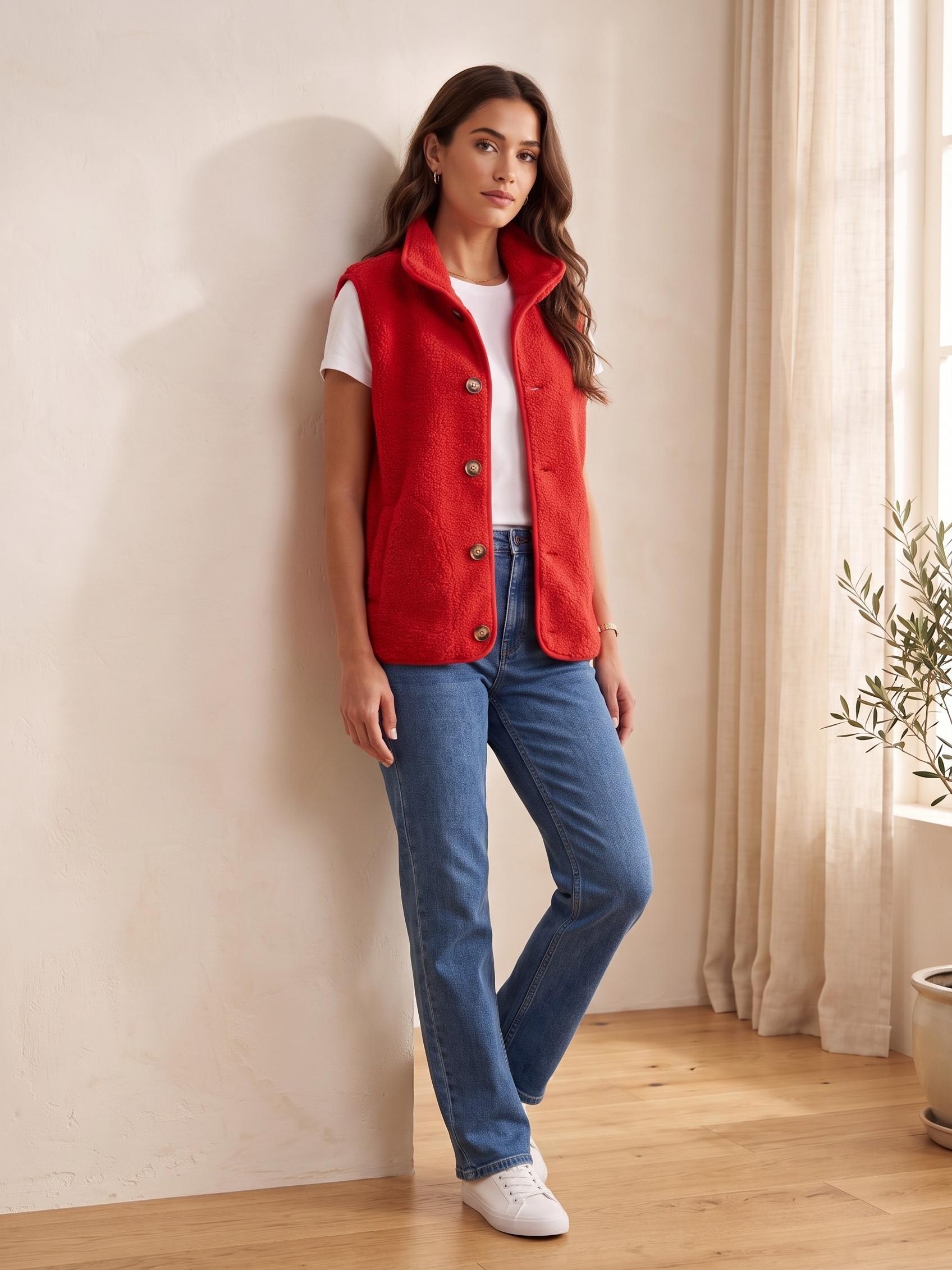 23241 Düğmeli Peluş Yelek Kırmızı