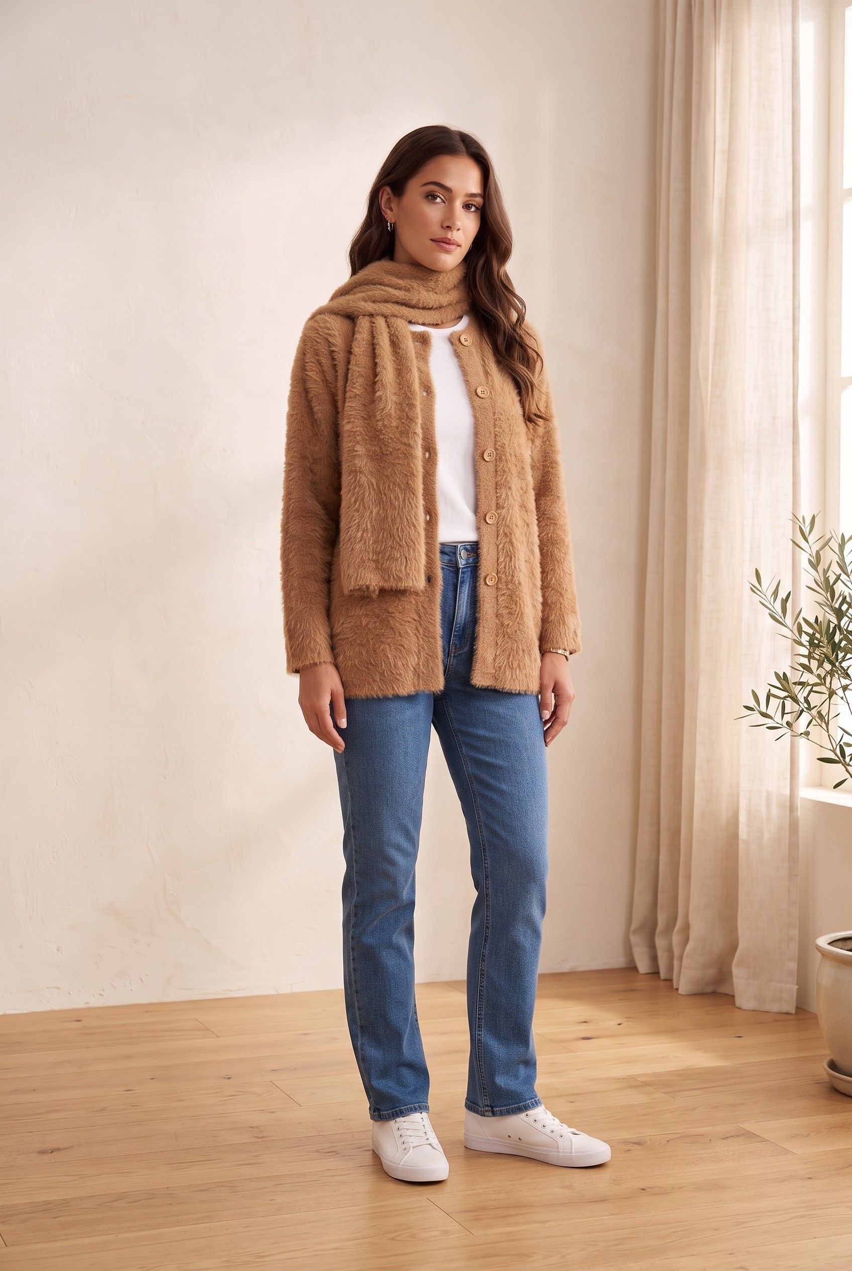 50783 Atkı Detaylı Düğmeli Ceket Camel