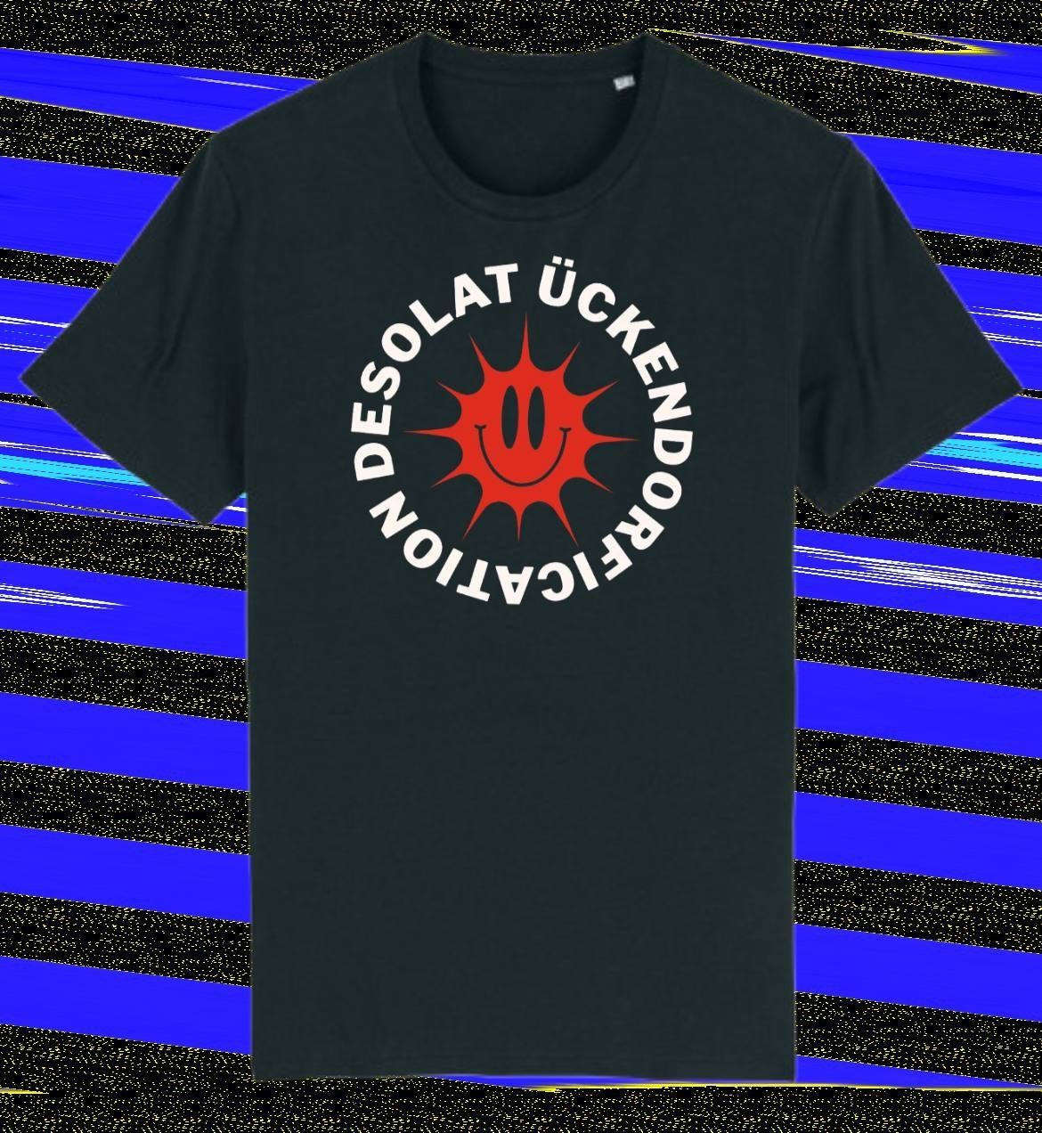 Black shirt with front print "desolat ückendorication" in white and sun logo in red