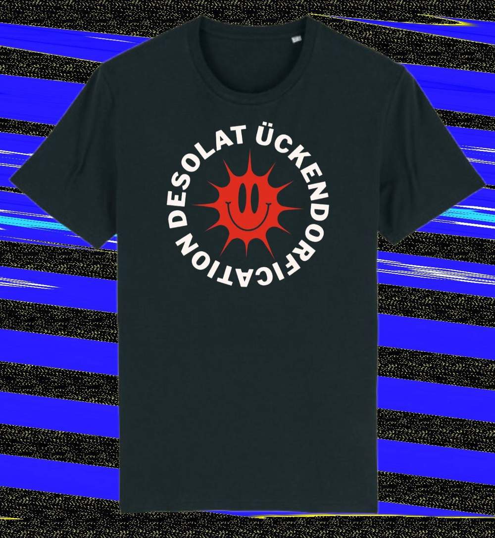 Black shirt with front print "desolat ückendorication" in white and sun logo in red