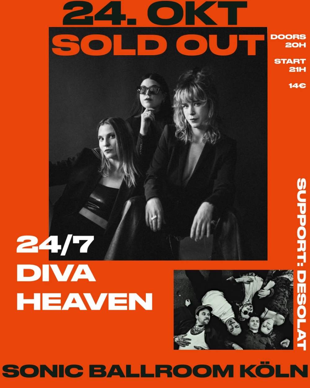 black and white pictures of 24/7 Divan Heaven and Desolat, concert flyer for the gig at sonic ballroom, cologne, germany