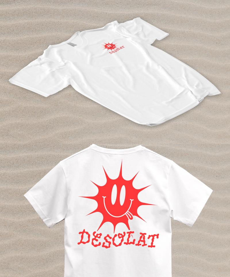 The shirt from front and back. It is white and features a bright red/almost pink sun-like smiley with the name of the band below. The logo is printed small on the front and large on the back.