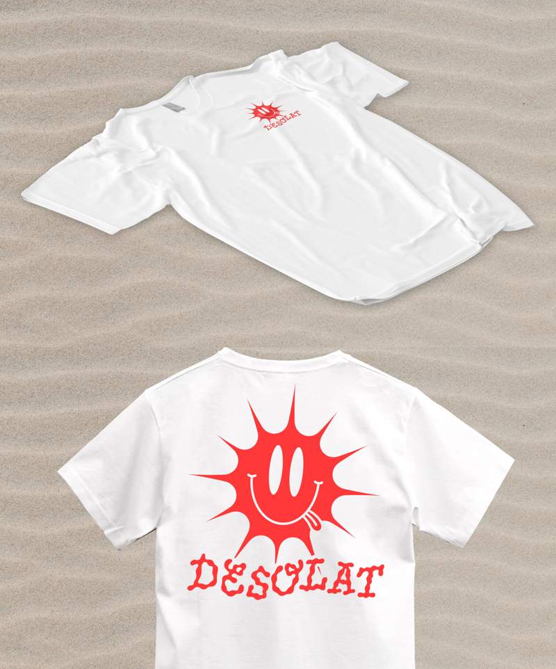 The shirt from front and back. It is white and features a bright red/almost pink sun-like smiley with the name of the band below. The logo is printed small on the front and large on the back.