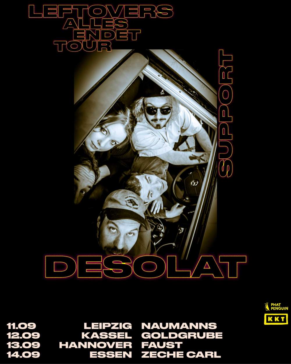 Tourposter, Supportgigs for Leftovers from Austria. Desolat are sitting in a car looking through the top window.