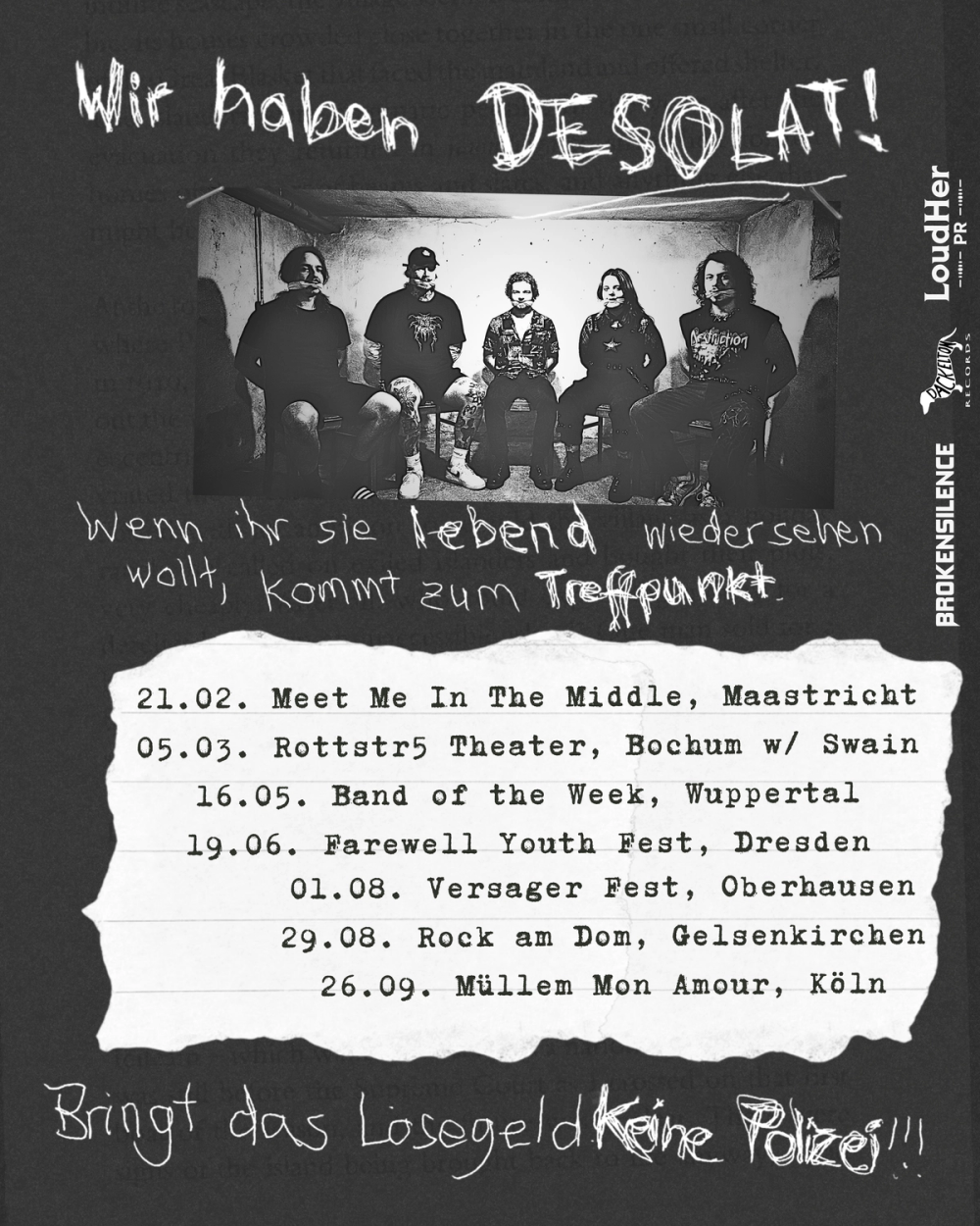 black and white festival shows poster in style of a ransom note, band members are kept like hostages,