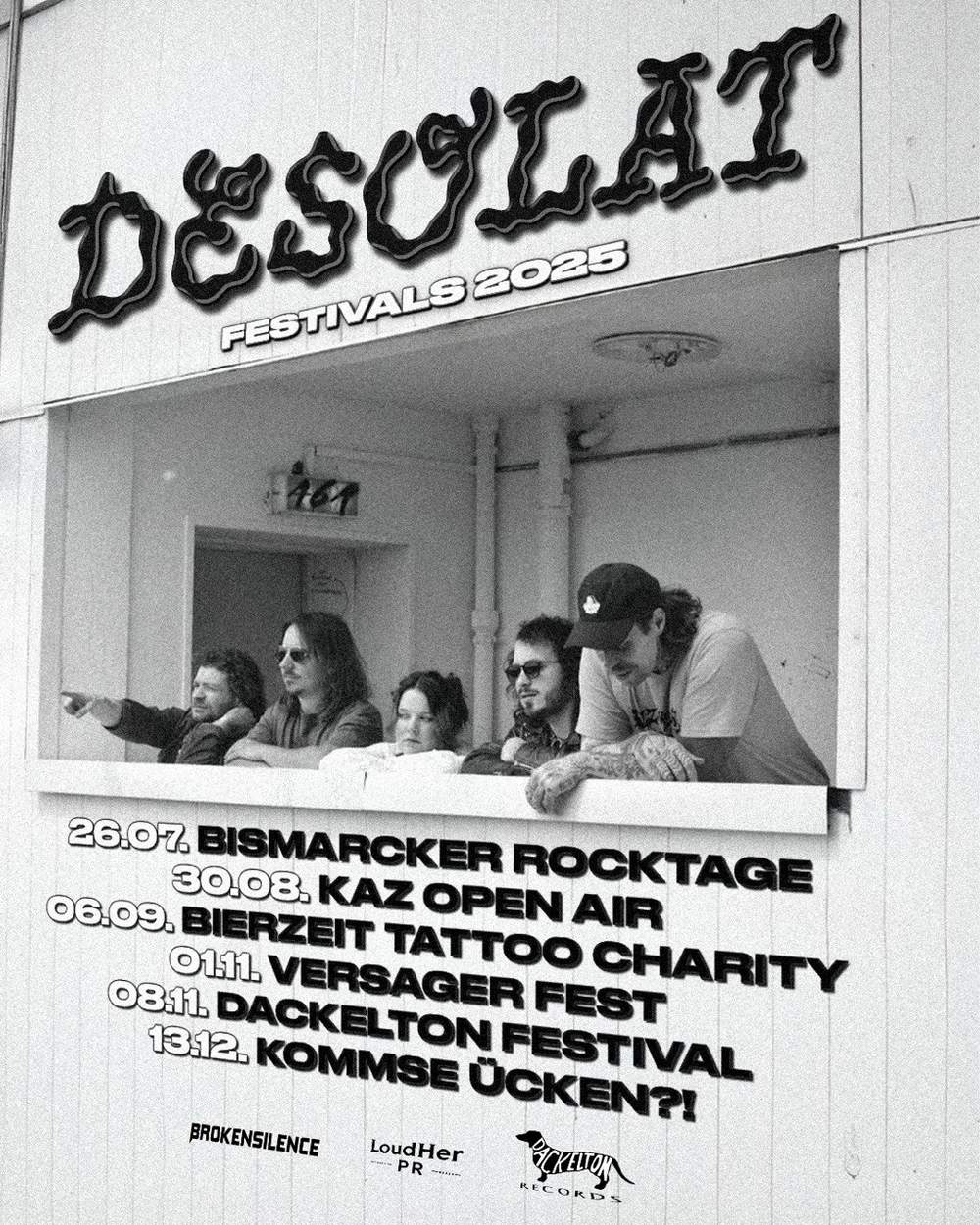 black and white festival shows poster, band members are looking down from a balcony