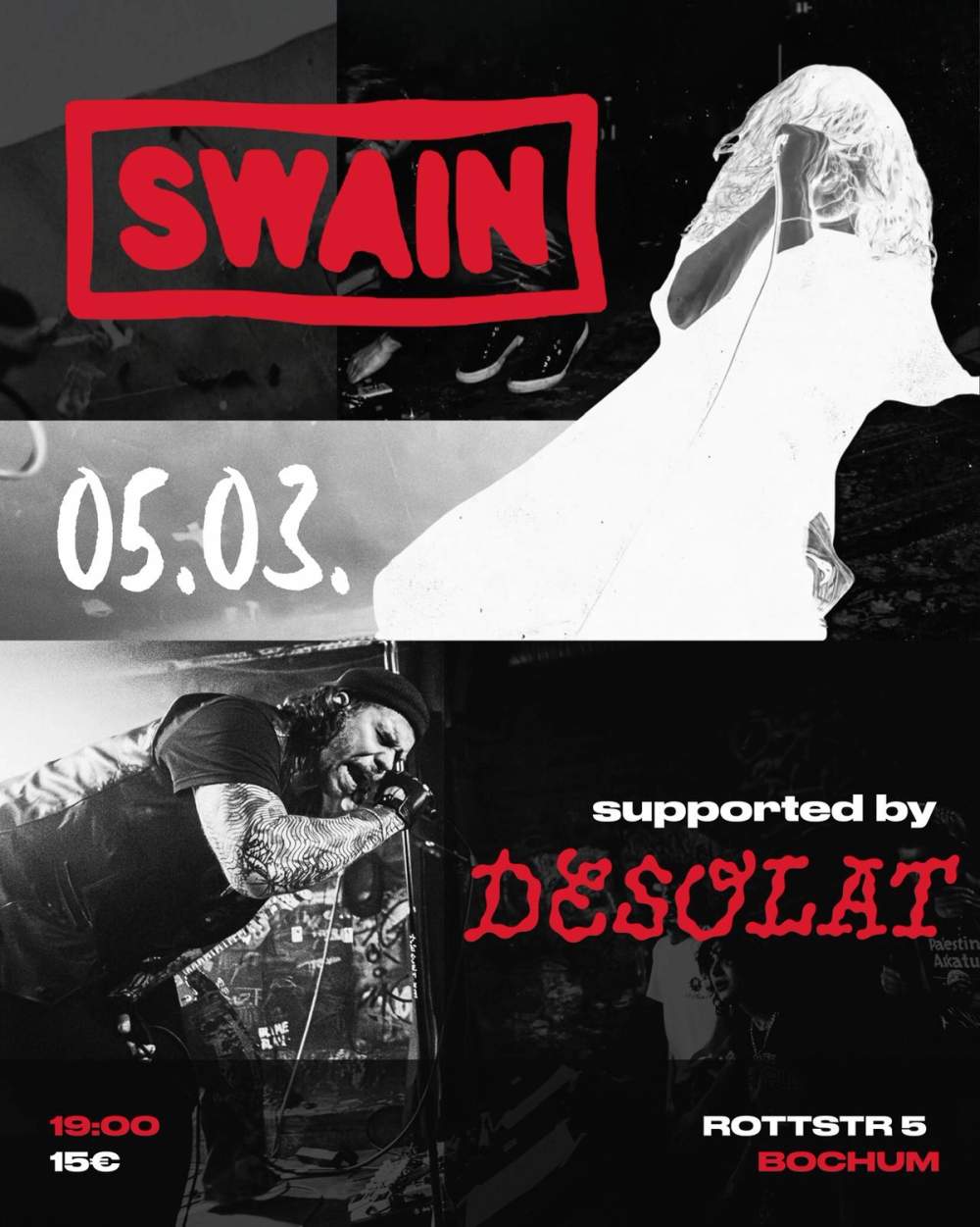 Black, white and read poster showing the singers of Swain and Desolat perform.