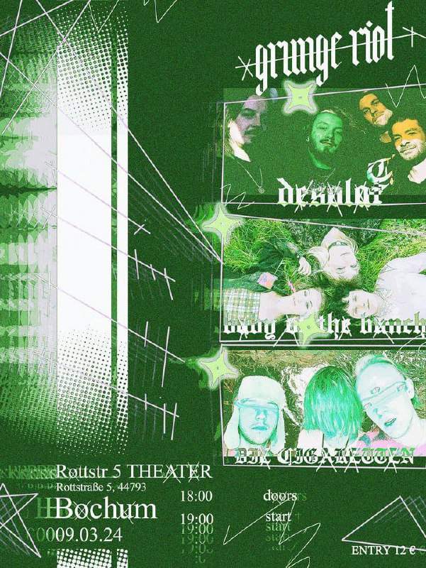 Flyer für das Konzert. Er ist ist in blassen schwarz grün gehalten, und hat einen verzerrten/kaputten Look.