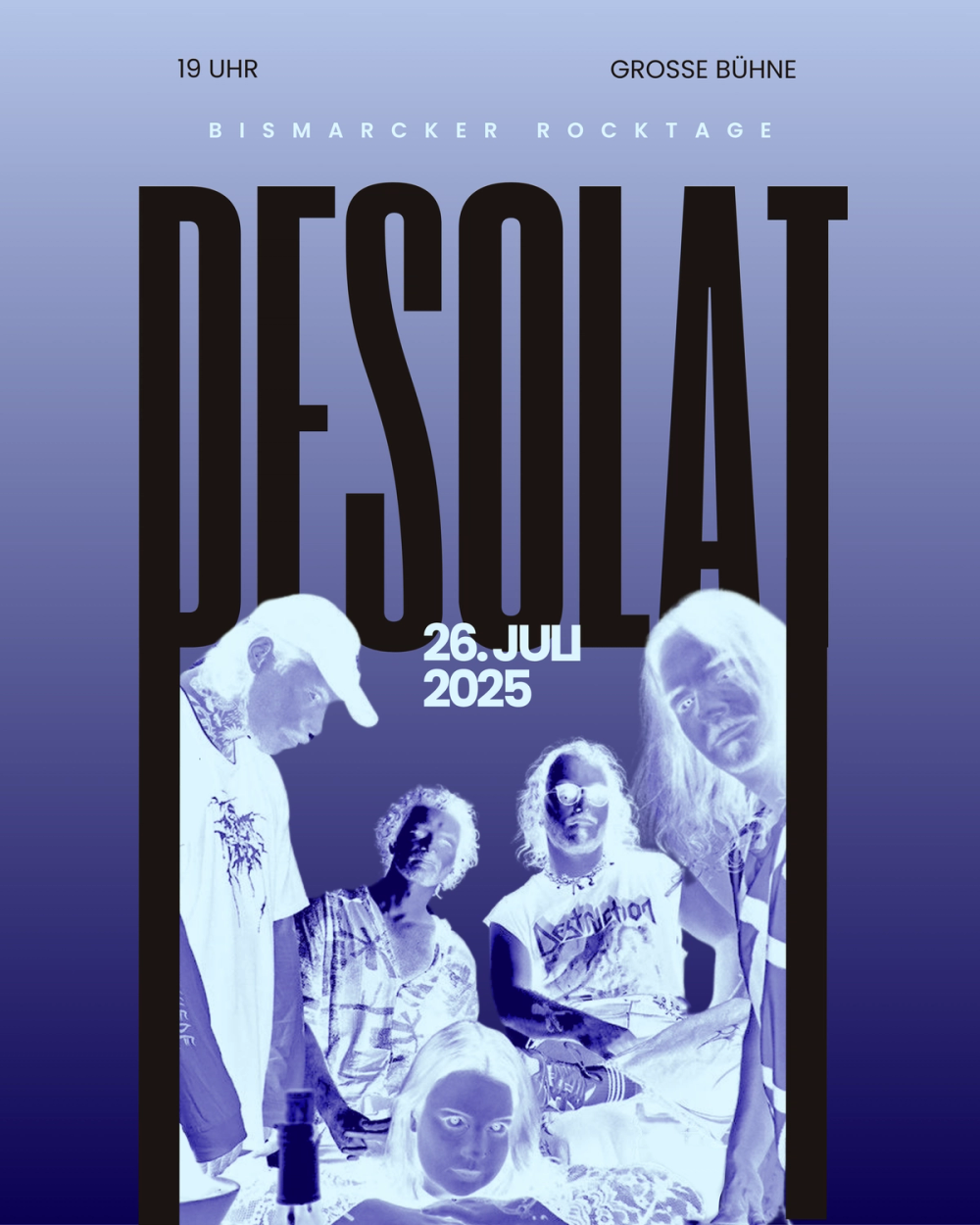 inverted picture of the band, background blue and white, desolat logo in black