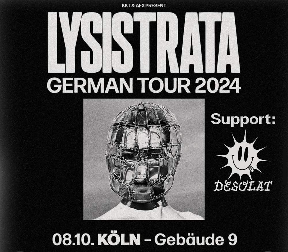Face covered in glasses, flyer of the concert lysistrata and desolat at Gebäude 9, Cologne, Germany
