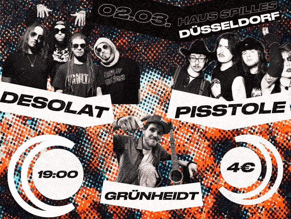 Flyer für die Show. Es ist jeweils ein Bild der Künstler in Grauton abgebildet, auf einem grungig-orange-schwarz-punktiertem Hintergrund.
