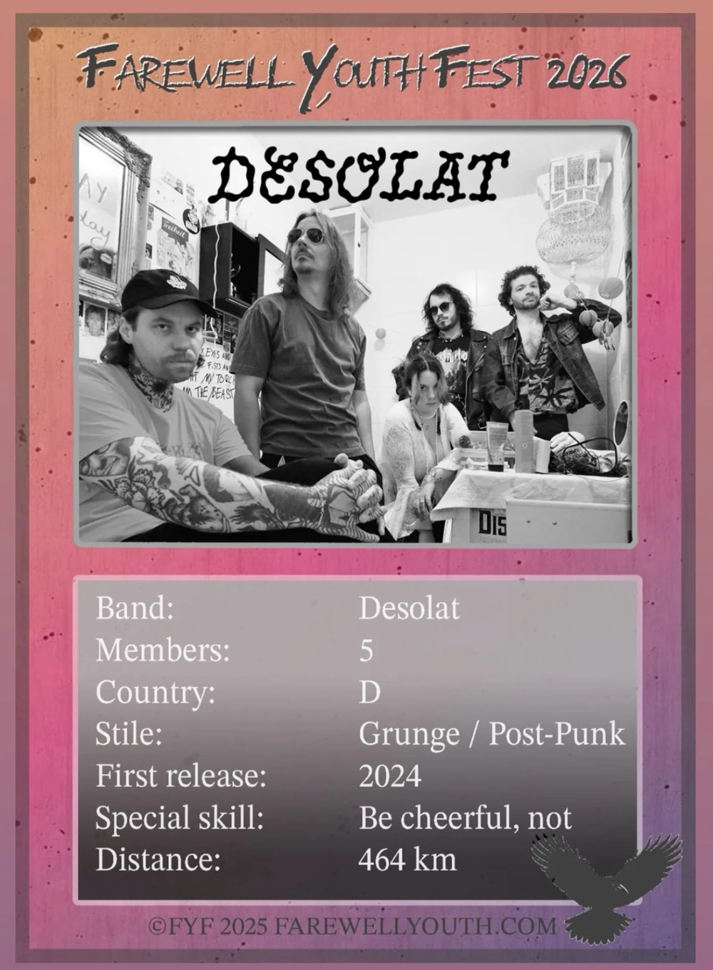 desolat farewell youth festival announcement in the style of a trading game card