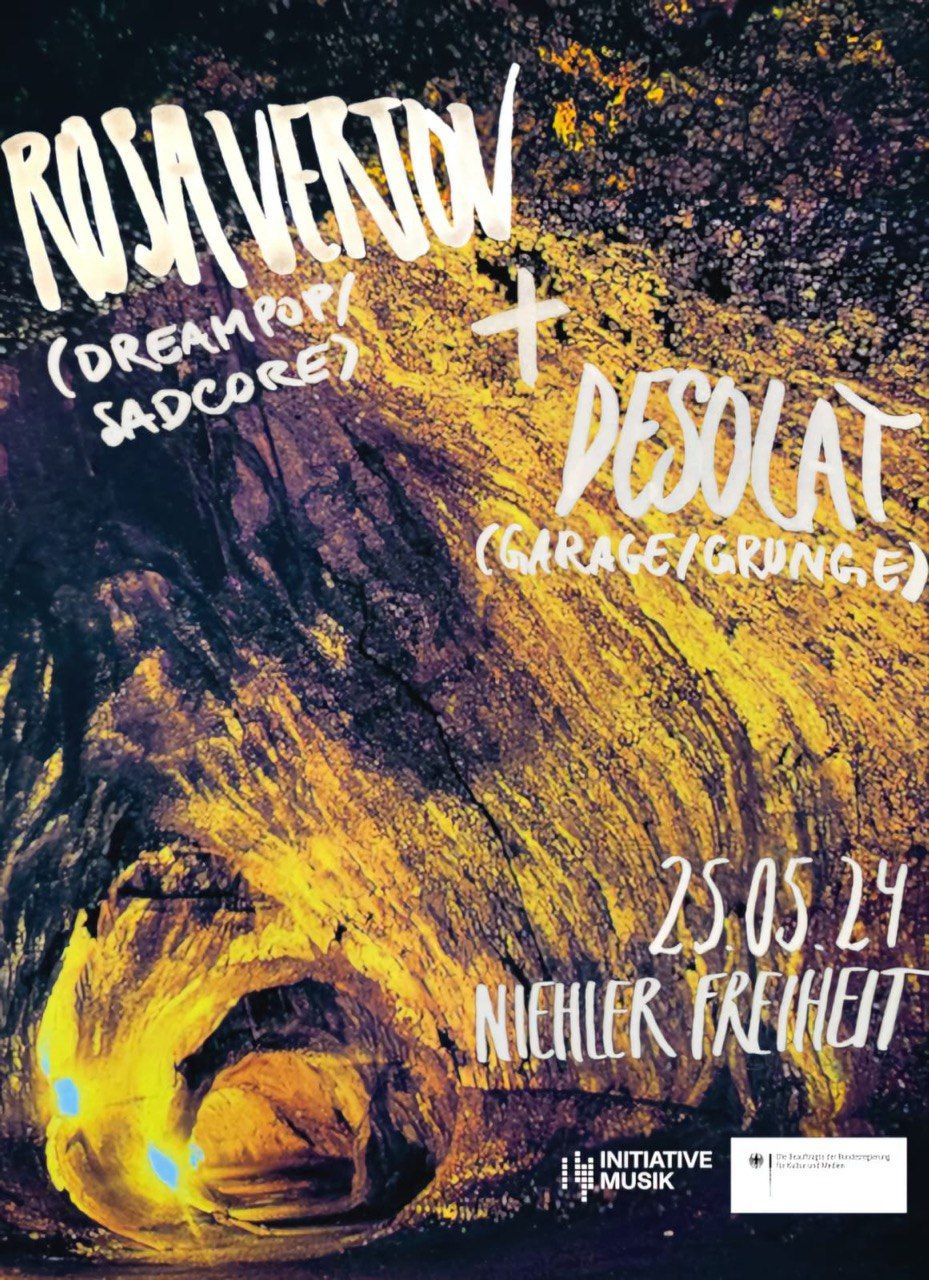 Flyer der Show von Rosa Vertov (Dreampop/Sadcore) und Desolat (Garage/Grunge) am 25.05.24 in der Niehler Freiheit, Köln. Die Infos sind auf abstraktem gelb-schwarzen Hintergrund abgebildet.