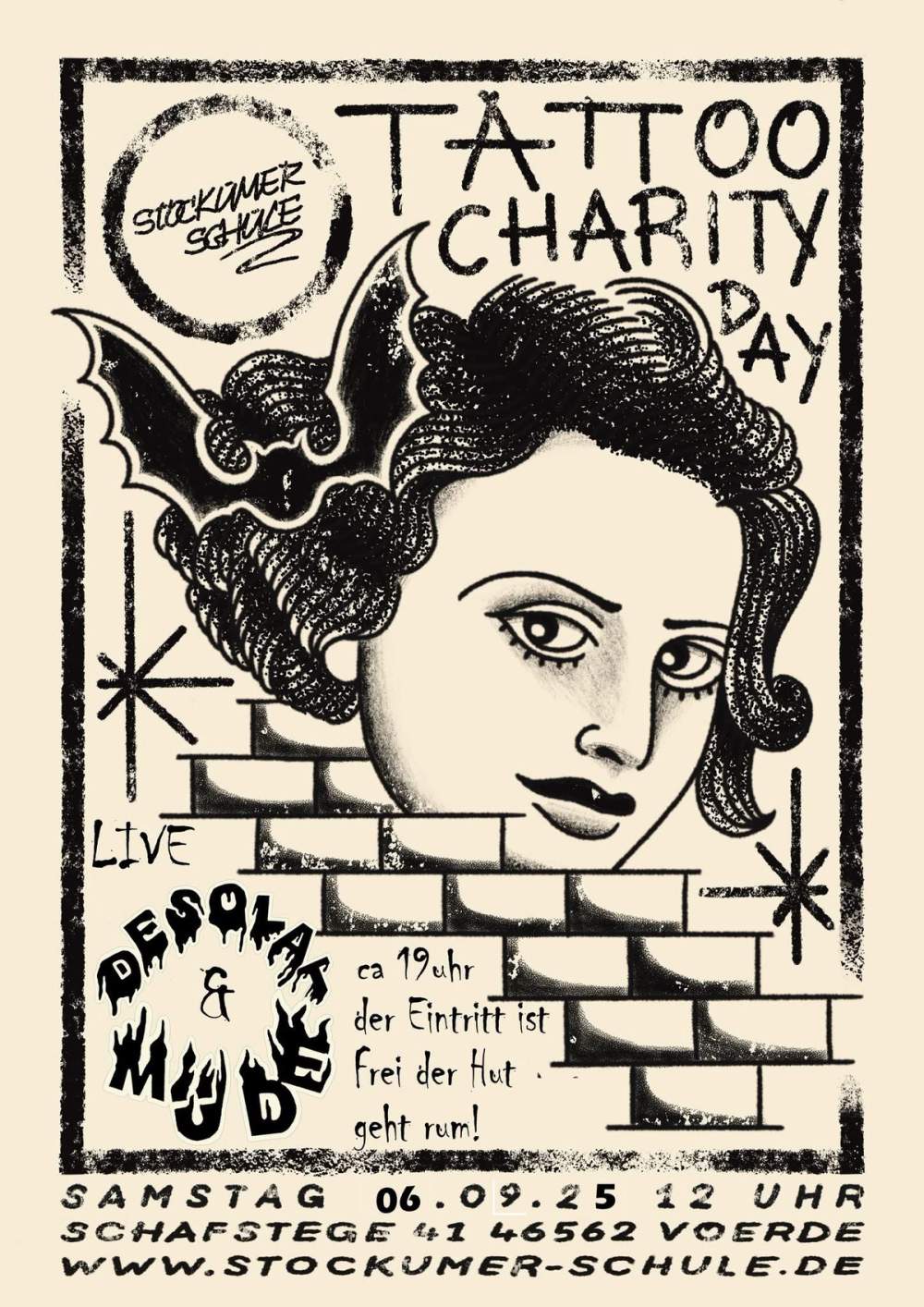 black and white concert poster with tradition tattoo art on it