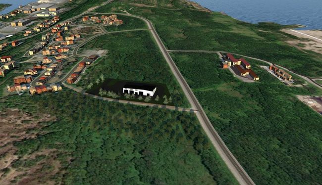 Bygget vises med hvit fasade i mørk skravert bakgrunn