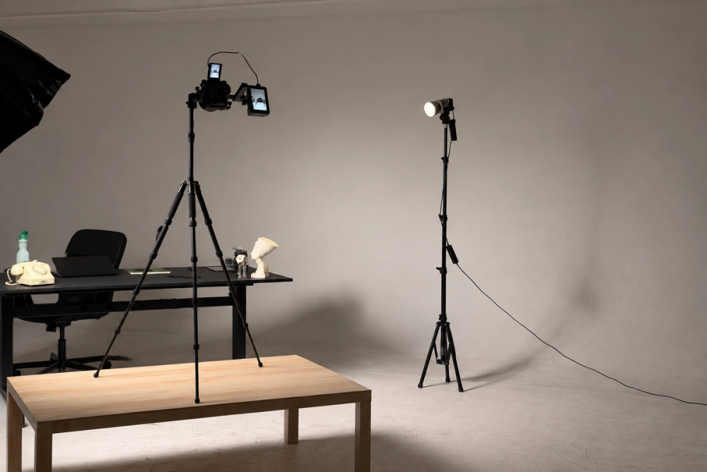 Et kamera på stativ og studiolys står rigget opp foran et arbeidsbord i et fotostudio.