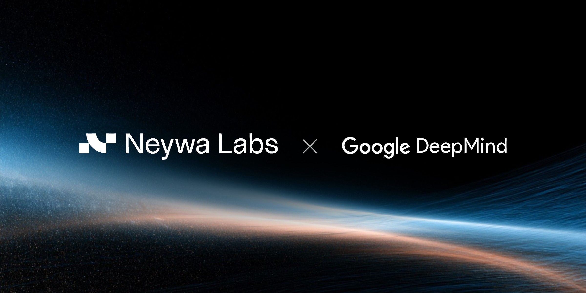The Neywa Labs and Google DeepMind logos in white above a low streak of blue and copper light.