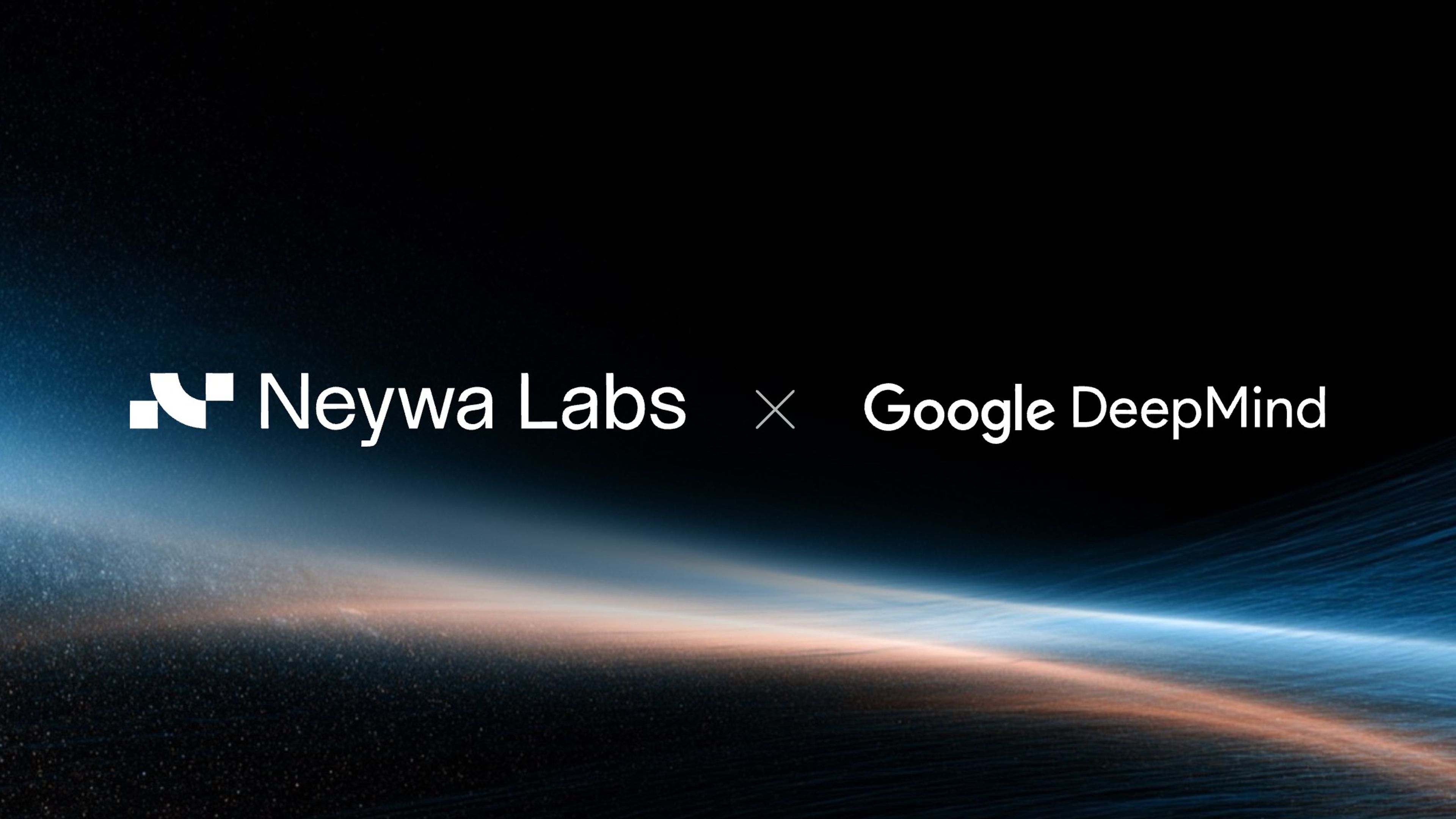 The Neywa Labs and Google DeepMind logos in white above a low streak of blue and copper light.