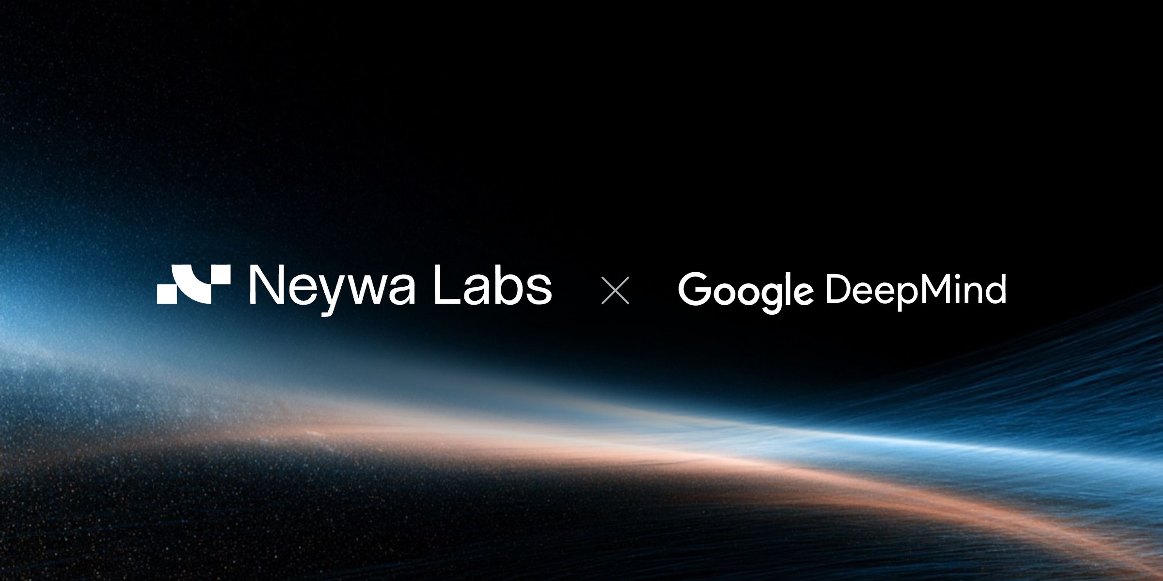 The Neywa Labs and Google DeepMind logos in white above a low streak of blue and copper light.