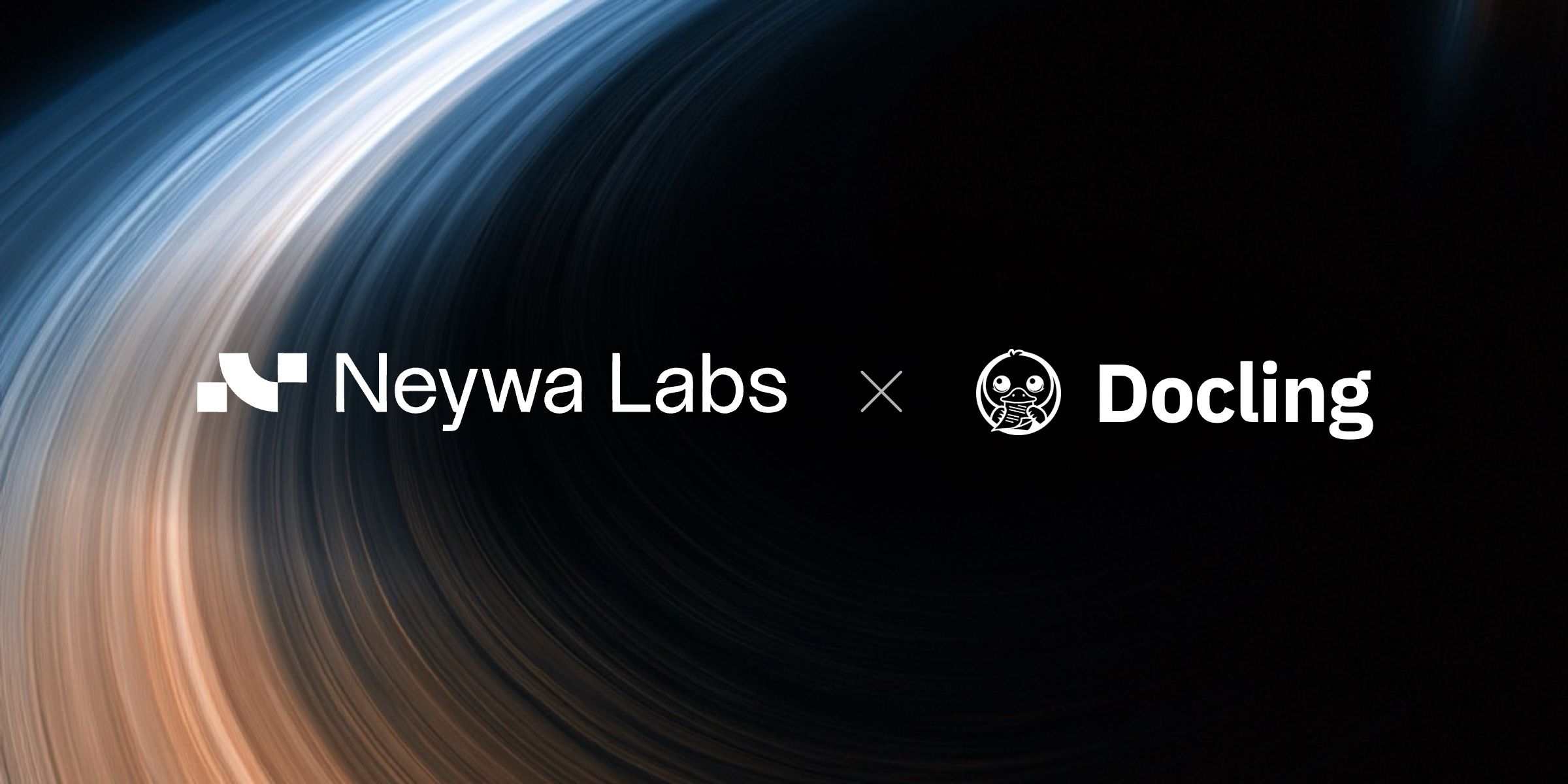 The Neywa Labs and Docling logos in white, framed by a sweeping blue and cream orbit of light.