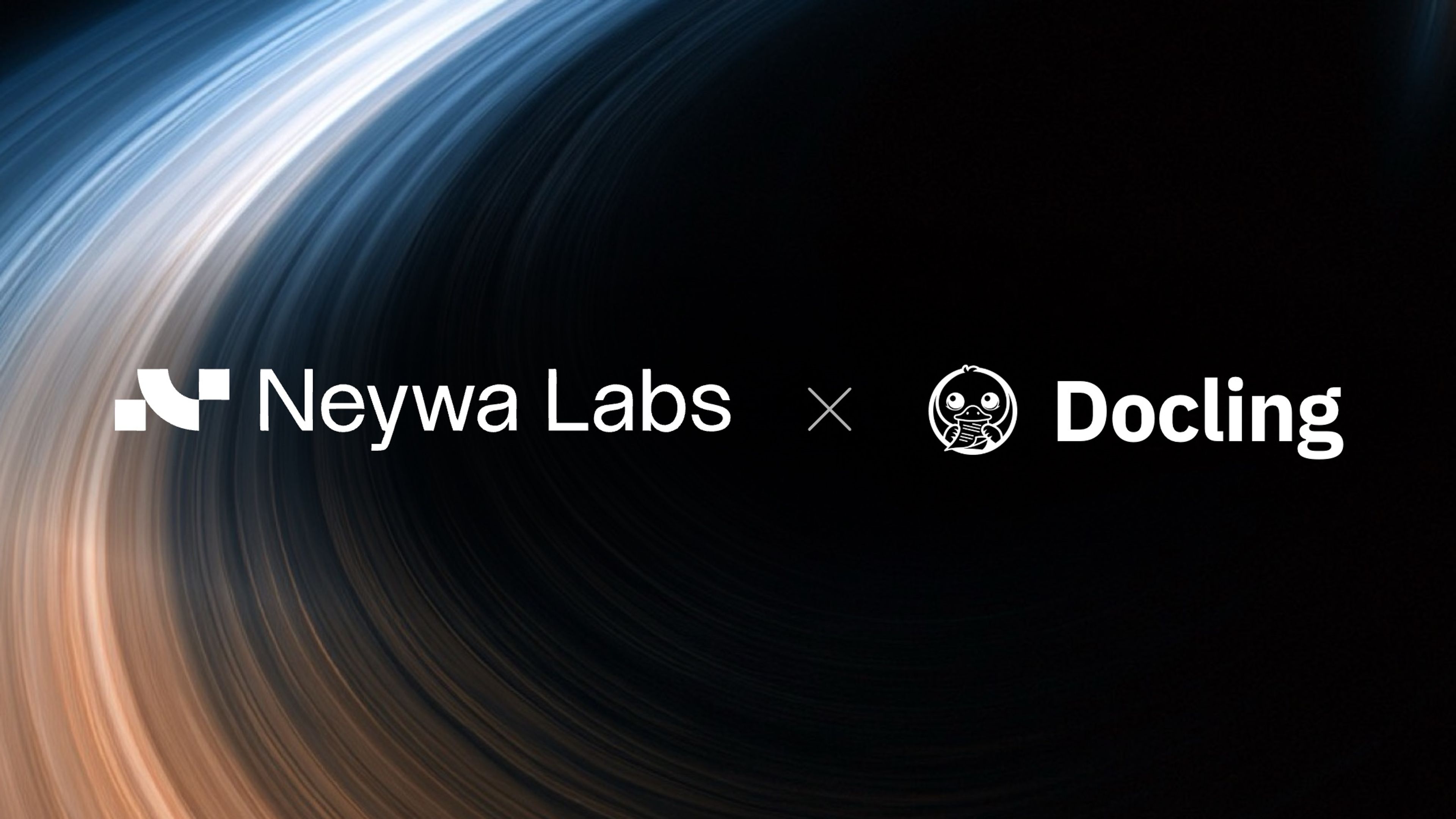 The Neywa Labs and Docling logos in white, framed by a sweeping blue and cream orbit of light.