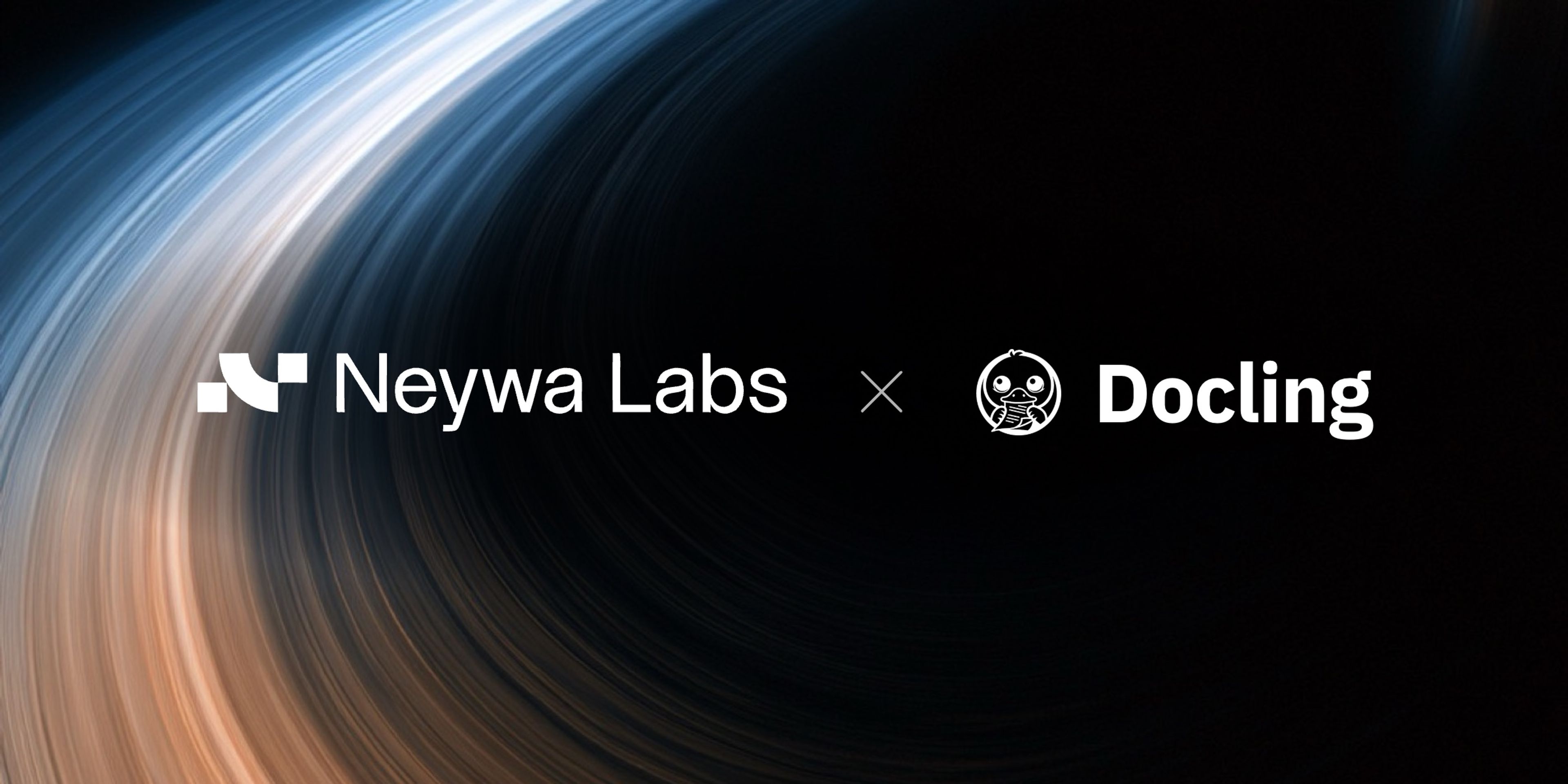 The Neywa Labs and Docling logos in white, framed by a sweeping blue and cream orbit of light.