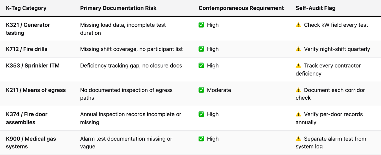 Comparison table (K-Tag Category, Primary Documentation Risk, Contemporaneous Requirement, Self-Audit Flag). K321 / Generator testing — Primary Documentation Risk: Missing load data, incomplete test duration; Contemporaneous Requirement: ✅ High; Self-Audit Flag: ⚠️ Check kW field every test. K712 / Fire drills — Primary Documentation Risk: Missing shift coverage, no participant list; Contemporaneous Requirement: ✅ High; Self-Audit Flag: ⚠️ Verify night-shift quarterly. K353 / Sprinkler ITM — Primary Documentation Risk: Deficiency tracking gap, no closure docs; Contemporaneous Requirement: ✅ High; Self-Audit Flag: ⚠️ Track every contractor deficiency. K211 / Means of egress — Primary Documentation Risk: No documented inspection of egress paths; Contemporaneous Requirement: ✅ Moderate; Self-Audit Flag: ⚠️ Document each corridor check. K374 / Fire door assemblies — Primary Documentation Risk: Annual inspection records incomplete or missing; Contemporaneous Requirement: ✅ High; Self-Audit Flag: ⚠️ Verify per-door records annually. K900 / Medical gas systems — Primary Documentation Risk: Alarm test documentation missing or vague; Contemporaneous Requirement: ✅ High; Self-Audit Flag: ⚠️ Separate alarm test from system log