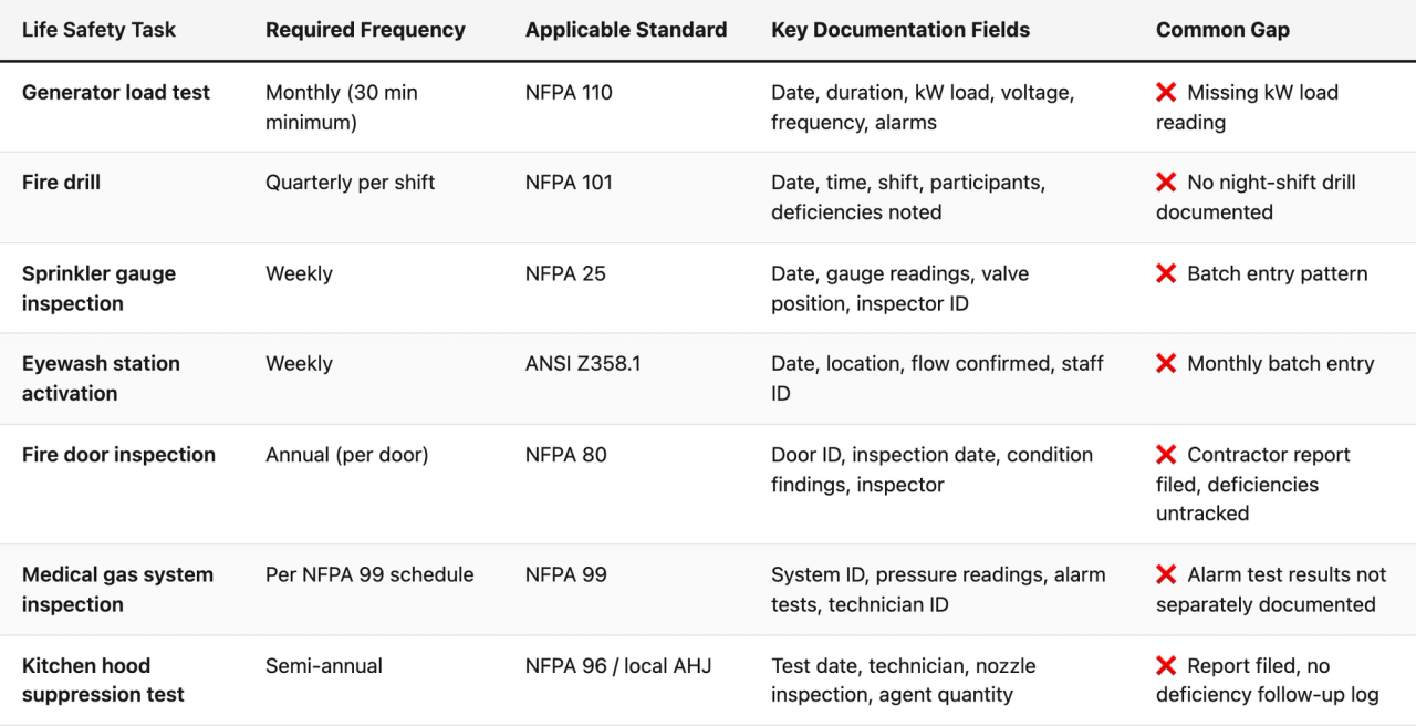 Comparison table (Life Safety Task, Required Frequency, Applicable Standard, Key Documentation Fields, Common Gap). Generator load test — Required Frequency: Monthly (30 min minimum); Applicable Standard: NFPA 110; Key Documentation Fields: Date, duration, kW load, voltage, frequency, alarms; Common Gap: ❌ Missing kW load reading. Fire drill — Required Frequency: Quarterly per shift; Applicable Standard: NFPA 101; Key Documentation Fields: Date, time, shift, participants, deficiencies noted; Common Gap: ❌ No night-shift drill documented. Sprinkler gauge inspection — Required Frequency: Weekly; Applicable Standard: NFPA 25; Key Documentation Fields: Date, gauge readings, valve position, inspector ID; Common Gap: ❌ Batch entry pattern. Eyewash station activation — Required Frequency: Weekly; Applicable Standard: ANSI Z358.1; Key Documentation Fields: Date, location, flow confirmed, staff ID; Common Gap: ❌ Monthly batch entry. Fire door inspection — Required Frequency: Annual (per door); Applicable Standard: NFPA 80; Key Documentation Fields: Door ID, inspection date, condition findings, inspector; Common Gap: ❌ Contractor report filed, deficiencies untracked. Medical gas system inspection — Required Frequency: Per NFPA 99 schedule; Applicable Standard: NFPA 99; Key Documentation Fields: System ID, pressure readings, alarm tests, technician ID; Common Gap: ❌ Alarm test results not separately documented. Kitchen hood suppression test — Required Frequency: Semi-annual; Applicable Standard: NFPA 96 / local AHJ; Key Documentation Fields: Test date, technician, nozzle inspection, agent quantity; Common Gap: ❌ Report filed, no deficiency follow-up log