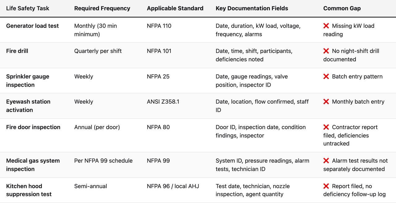 Comparison table (Life Safety Task, Required Frequency, Applicable Standard, Key Documentation Fields, Common Gap). Generator load test — Required Frequency: Monthly (30 min minimum); Applicable Standard: NFPA 110; Key Documentation Fields: Date, duration, kW load, voltage, frequency, alarms; Common Gap: ❌ Missing kW load reading. Fire drill — Required Frequency: Quarterly per shift; Applicable Standard: NFPA 101; Key Documentation Fields: Date, time, shift, participants, deficiencies noted; Common Gap: ❌ No night-shift drill documented. Sprinkler gauge inspection — Required Frequency: Weekly; Applicable Standard: NFPA 25; Key Documentation Fields: Date, gauge readings, valve position, inspector ID; Common Gap: ❌ Batch entry pattern. Eyewash station activation — Required Frequency: Weekly; Applicable Standard: ANSI Z358.1; Key Documentation Fields: Date, location, flow confirmed, staff ID; Common Gap: ❌ Monthly batch entry. Fire door inspection — Required Frequency: Annual (per door); Applicable Standard: NFPA 80; Key Documentation Fields: Door ID, inspection date, condition findings, inspector; Common Gap: ❌ Contractor report filed, deficiencies untracked. Medical gas system inspection — Required Frequency: Per NFPA 99 schedule; Applicable Standard: NFPA 99; Key Documentation Fields: System ID, pressure readings, alarm tests, technician ID; Common Gap: ❌ Alarm test results not separately documented. Kitchen hood suppression test — Required Frequency: Semi-annual; Applicable Standard: NFPA 96 / local AHJ; Key Documentation Fields: Test date, technician, nozzle inspection, agent quantity; Common Gap: ❌ Report filed, no deficiency follow-up log