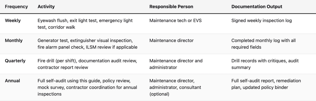 Comparison table (Frequency, Activity, Responsible Person, Documentation Output). Weekly — Activity: Eyewash flush, exit light test, emergency light test, corridor walk; Responsible Person: Maintenance tech or EVS; Documentation Output: Signed weekly inspection log. Monthly — Activity: Generator test, extinguisher visual inspection, fire alarm panel check, ILSM review if applicable; Responsible Person: Maintenance director; Documentation Output: Completed monthly log with all required fields. Quarterly — Activity: Fire drill (per shift), documentation audit review, contractor report review; Responsible Person: Maintenance director and administrator; Documentation Output: Drill records with critiques, audit summary. Annual — Activity: Full self-audit using this guide, policy review, mock survey, contractor coordination for annual inspections; Responsible Person: Maintenance director, administrator, consultant (optional); Documentation Output: Full self-audit report, remediation plan, updated policy binder