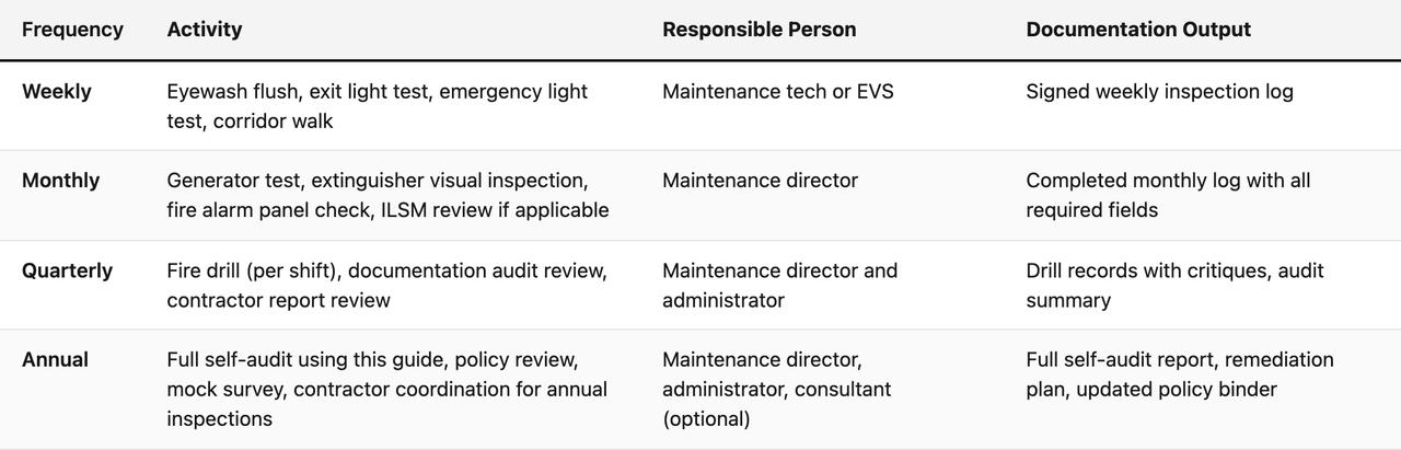Comparison table (Frequency, Activity, Responsible Person, Documentation Output). Weekly — Activity: Eyewash flush, exit light test, emergency light test, corridor walk; Responsible Person: Maintenance tech or EVS; Documentation Output: Signed weekly inspection log. Monthly — Activity: Generator test, extinguisher visual inspection, fire alarm panel check, ILSM review if applicable; Responsible Person: Maintenance director; Documentation Output: Completed monthly log with all required fields. Quarterly — Activity: Fire drill (per shift), documentation audit review, contractor report review; Responsible Person: Maintenance director and administrator; Documentation Output: Drill records with critiques, audit summary. Annual — Activity: Full self-audit using this guide, policy review, mock survey, contractor coordination for annual inspections; Responsible Person: Maintenance director, administrator, consultant (optional); Documentation Output: Full self-audit report, remediation plan, updated policy binder