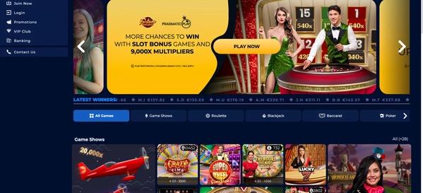 WinOmania casino desktop interface showing slots bonus with 5000x multipliers, game shows like Crazy Time, and live dealers.