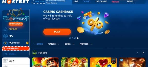 Mostbet Casino homepage displaying 10% cashback offer, slot games, and navigation menu.