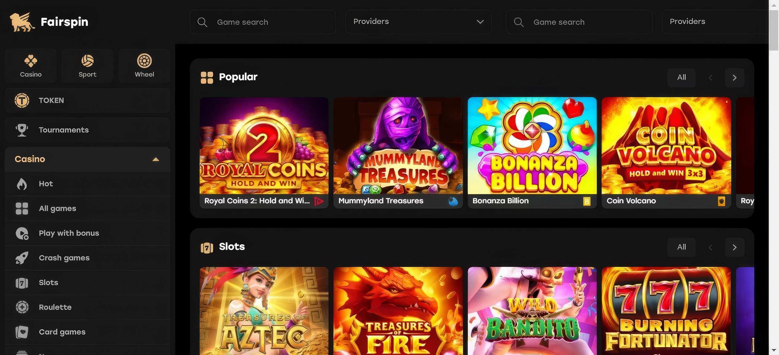 Fairspin Casino desktop screenshot 1