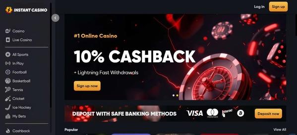 Instant Casino homepage with 10% cashback bonus, roulette wheel, Lightning Fast Withdrawals, and safe banking deposit options