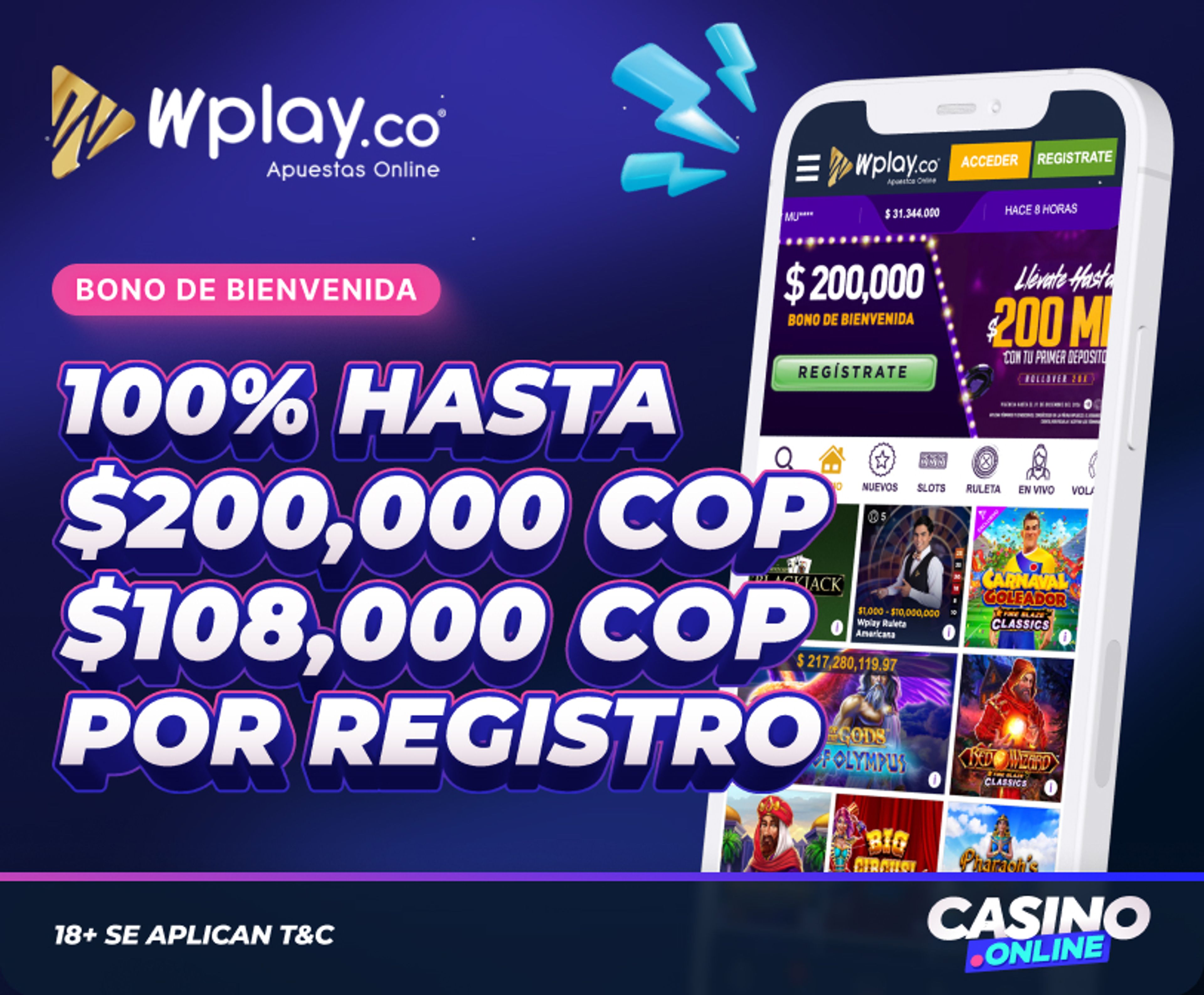 Bono de bienvenida de WPlay Casino en Colombia.