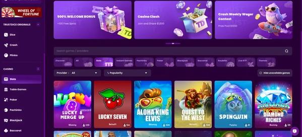 Desktop games section at TrustDice.