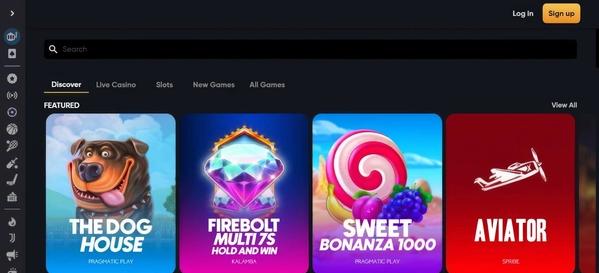 Instant Casino desktop featured slot games including The Dog House, Firebolt Megaways, Sweet Bonanza, and Aviator with game thumbnails.