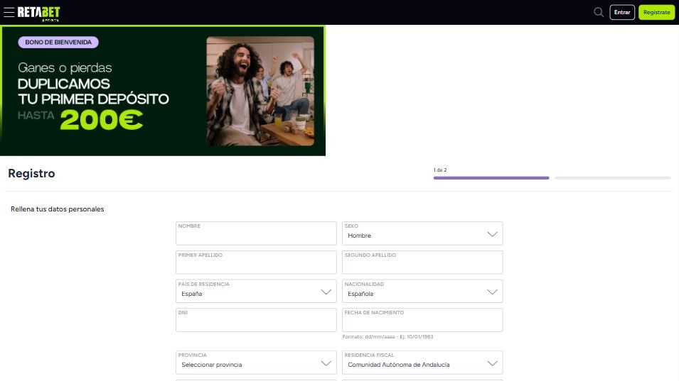 Registro de Retabet desde escritorio.