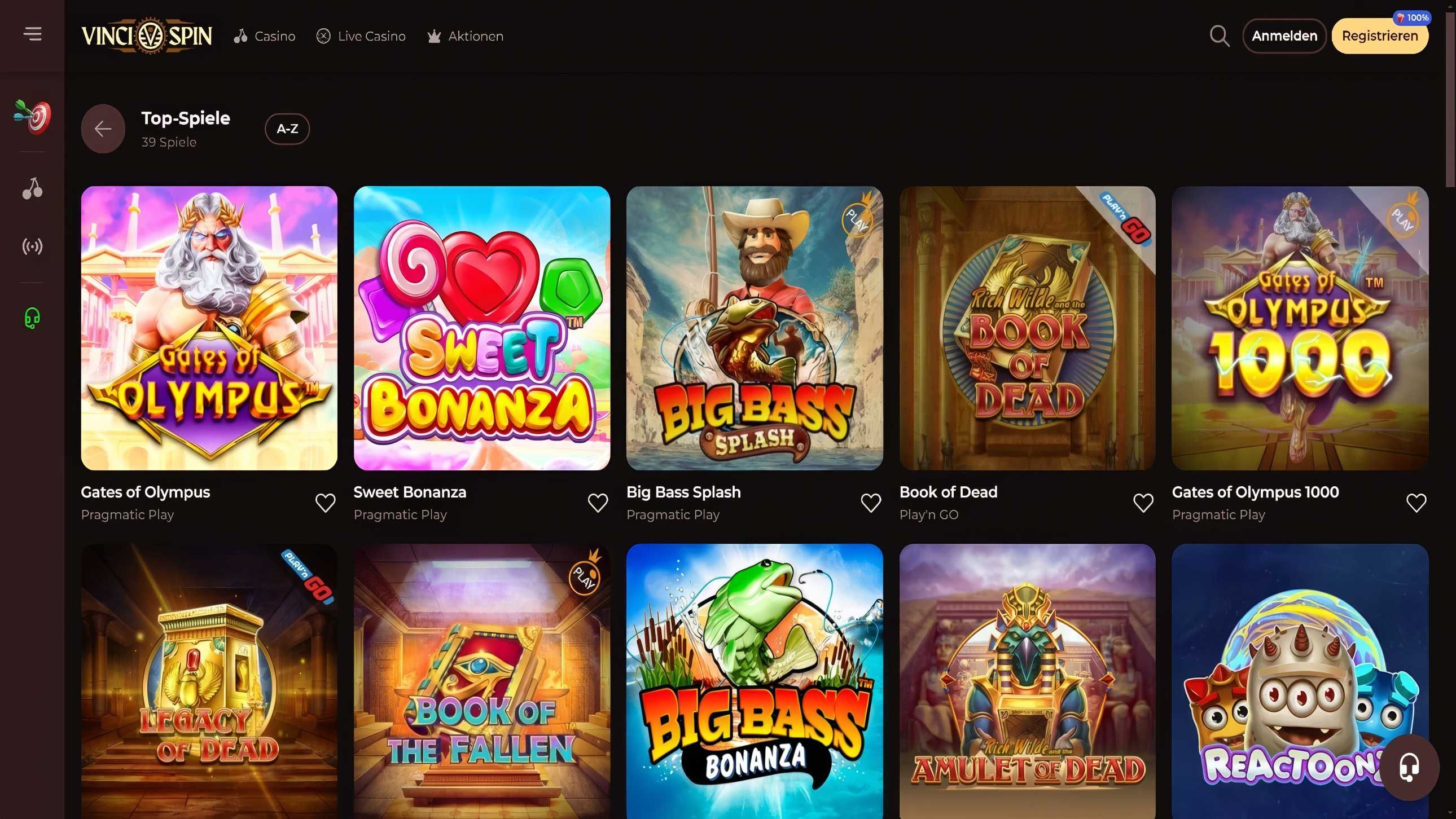 Vincispin Casino desktop screenshot 2